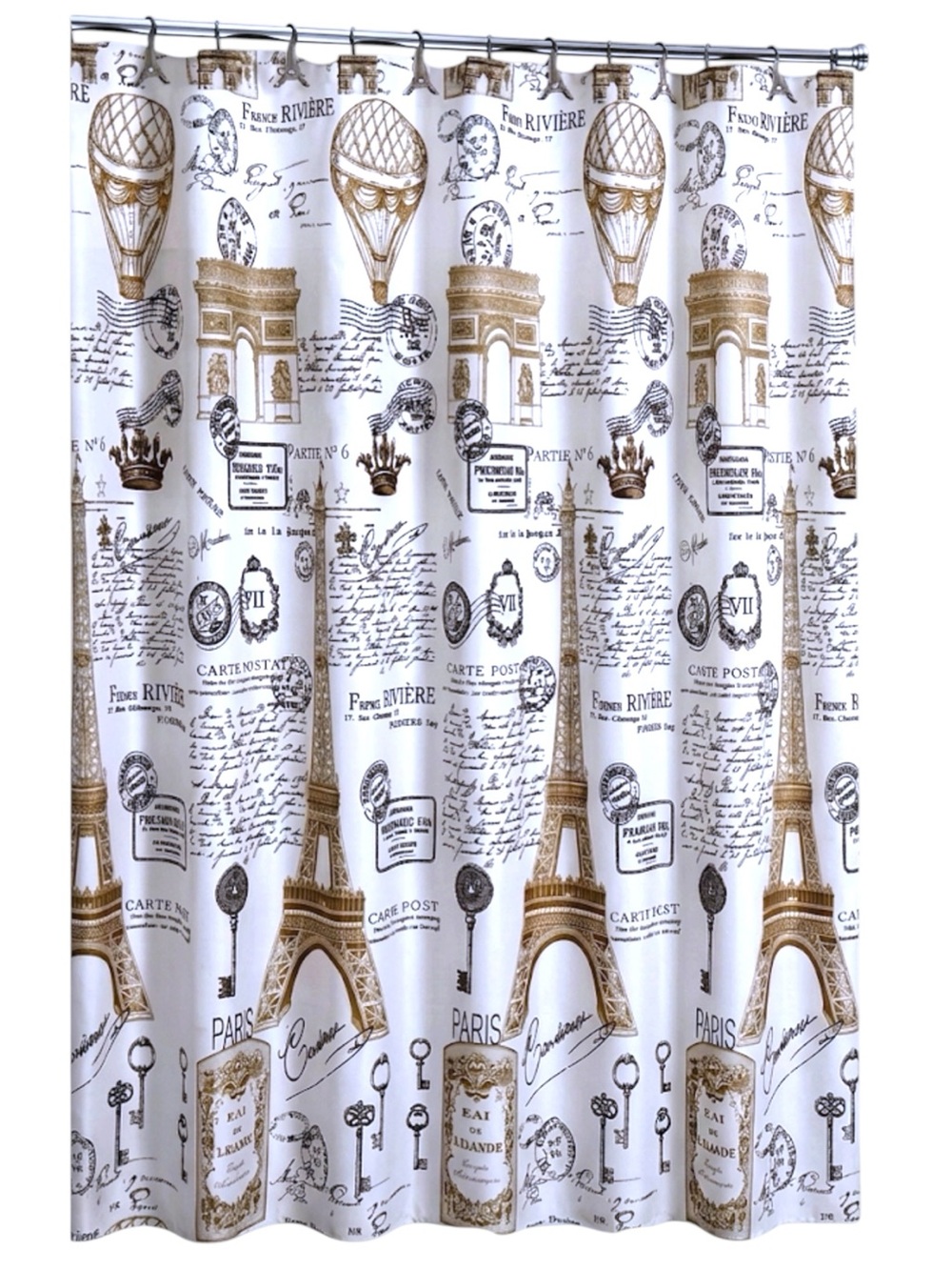 Paris Eiffel Tower Material Fabric Shower Curtain White Gold 70’x 72” NEW